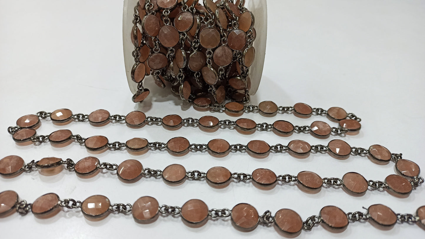 Natural Peach Moonstone Coin Shape Briolette Faceted 10mm Bezel Connector Chain Sold Per Foot