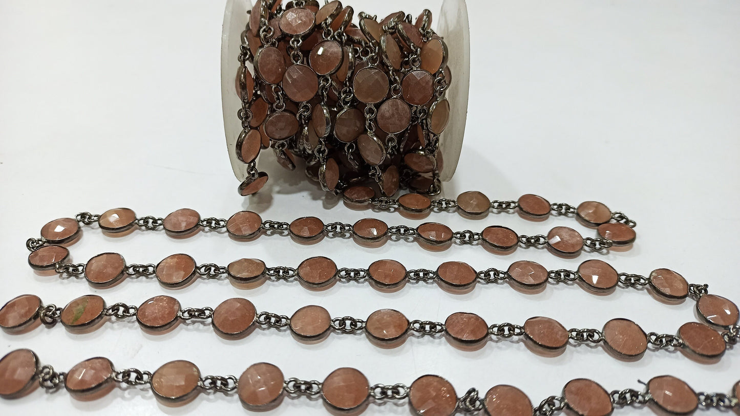 Natural Peach Moonstone Coin Shape Briolette Faceted 10mm Bezel Connector Chain Sold Per Foot