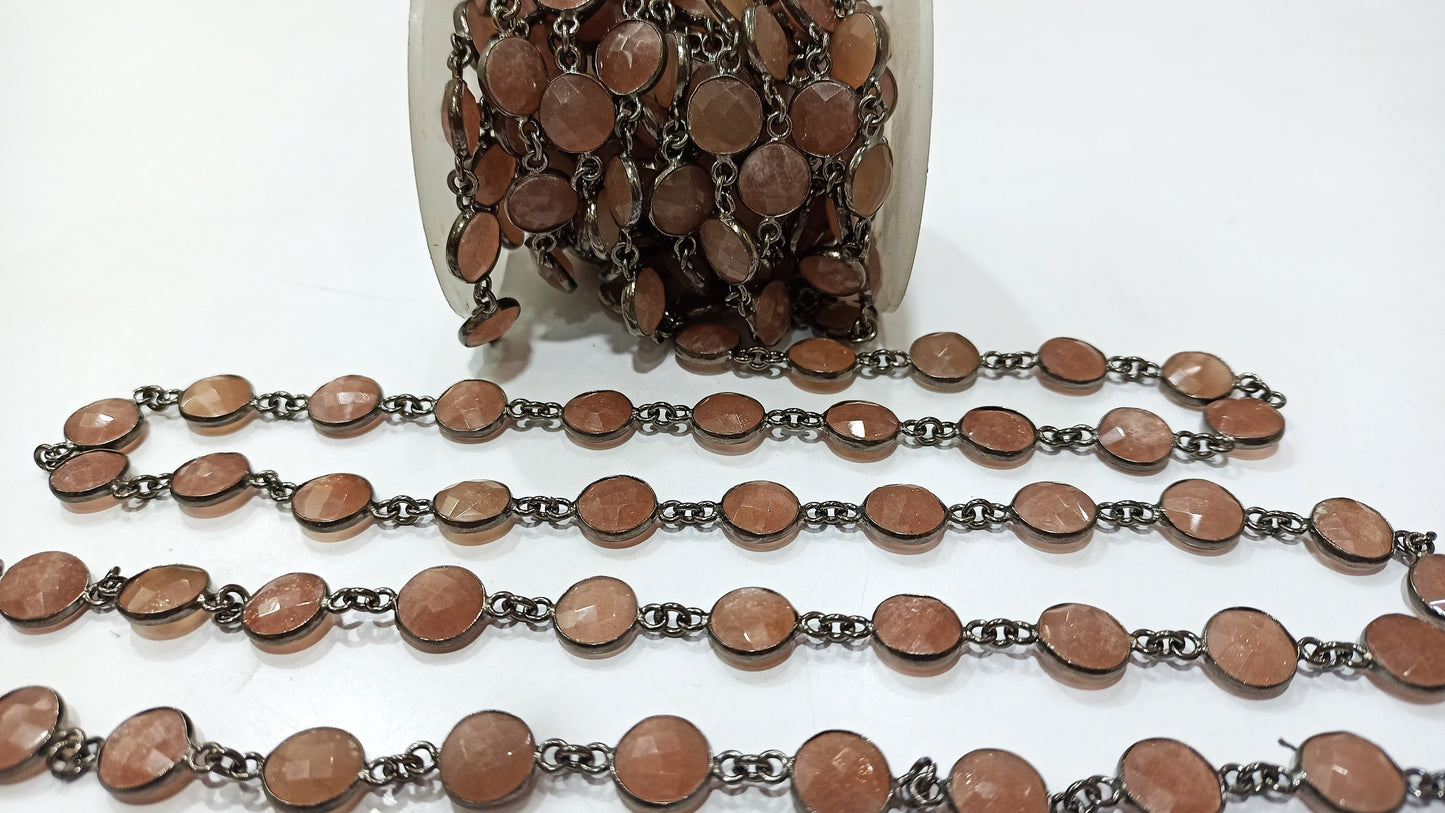 Natural Peach Moonstone Coin Shape Briolette Faceted 10mm Bezel Connector Chain Sold Per Foot