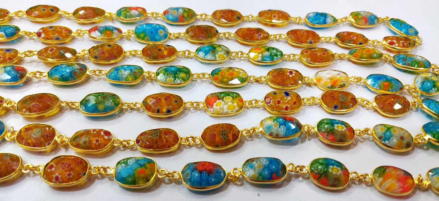 Natural Crystal Quartz Flower Design Multi Color Free Shape 12to15mm Briolette Connector Bezel Chain  Sold Per Foot High Quality Chain