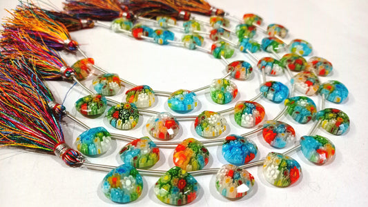 Crystal Quartz Flower Design Multi Color Heart Shape 14mm Briolette Beads sold per Strand 8 Inches Long