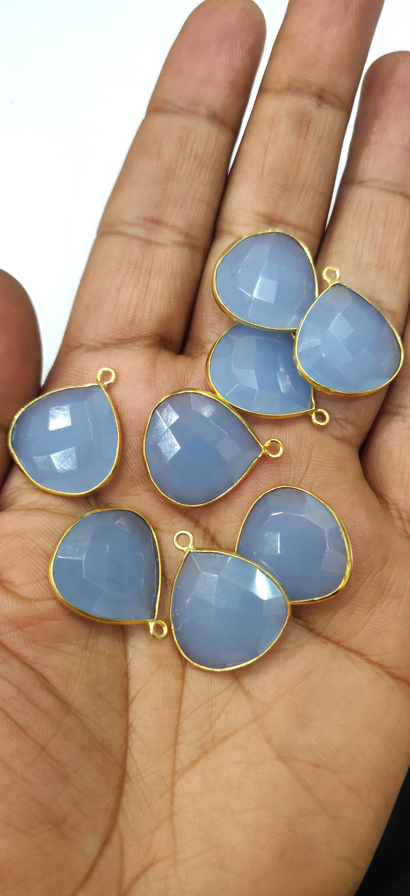 Natural Blue Chalcedony Heart Shape 20mm Briolette Single Loop Gemstone Bezel Connector Charms sold per piece