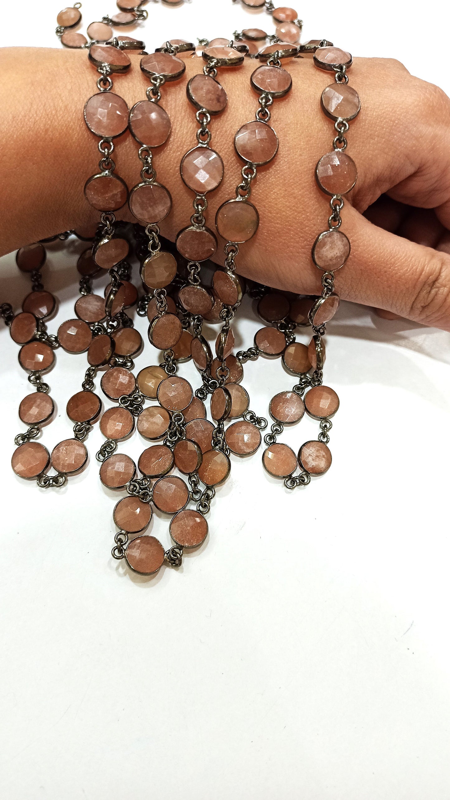 Natural Peach Moonstone Coin Shape Briolette Faceted 10mm Bezel Connector Chain Sold Per Foot