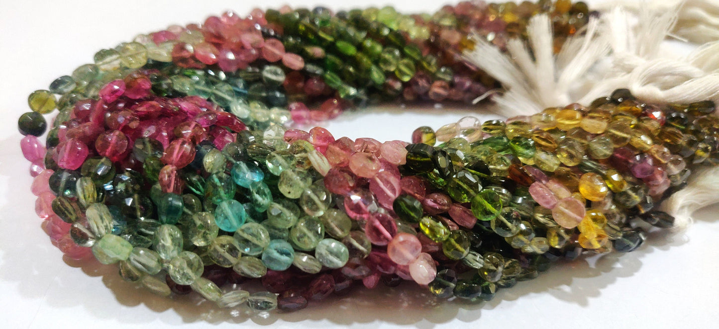 Natural Multi Tourmaline Coin Shape Faceted 5mm Beads Sold per Strand of 13 Inches Long Watermelon Tourmaline Beads Wholesale Price