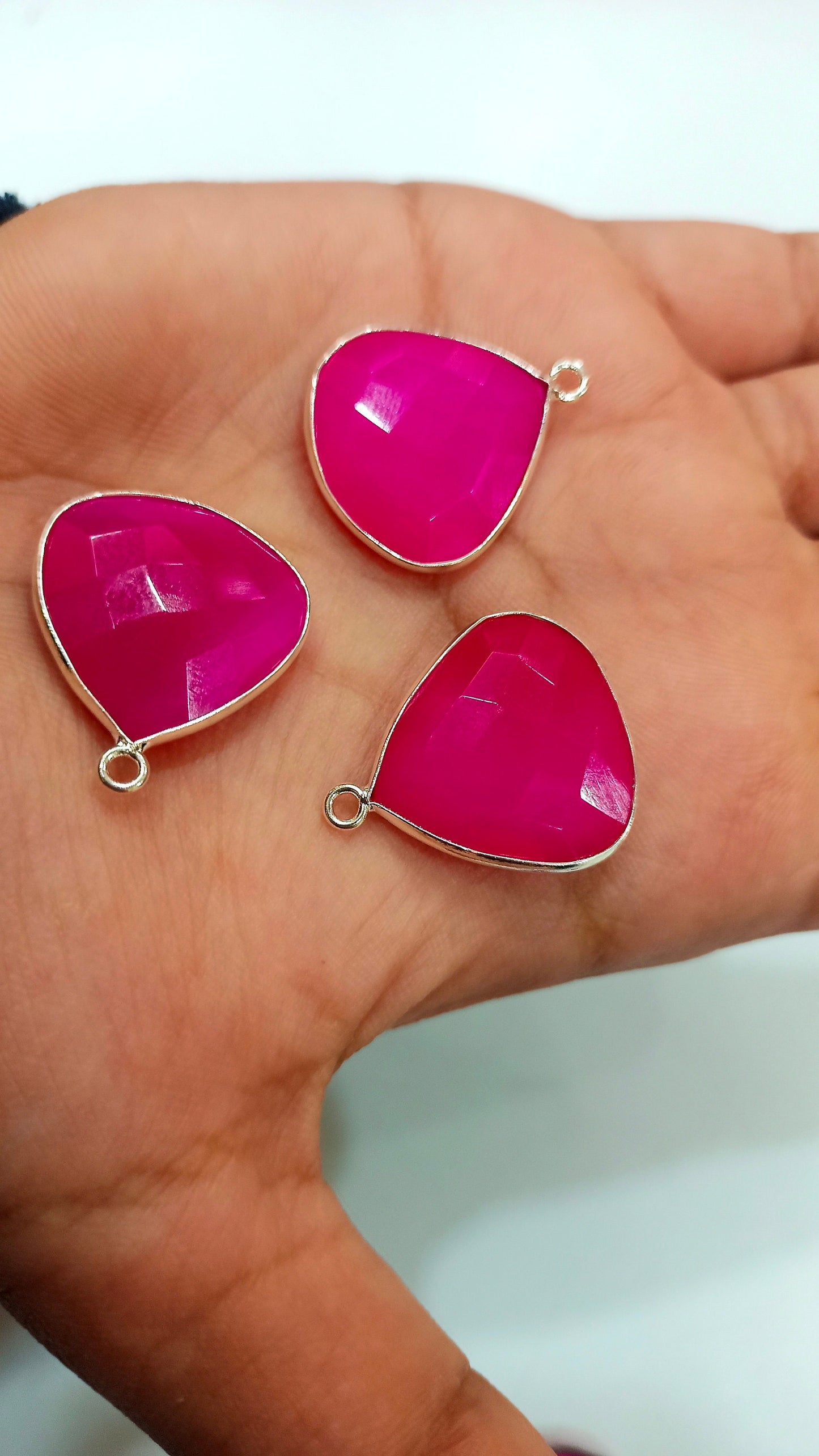 Natural Hot Pink Chalcedony  Heart Shape 20mm Briolette Single Loop Gemstone Bezel Connector Charms