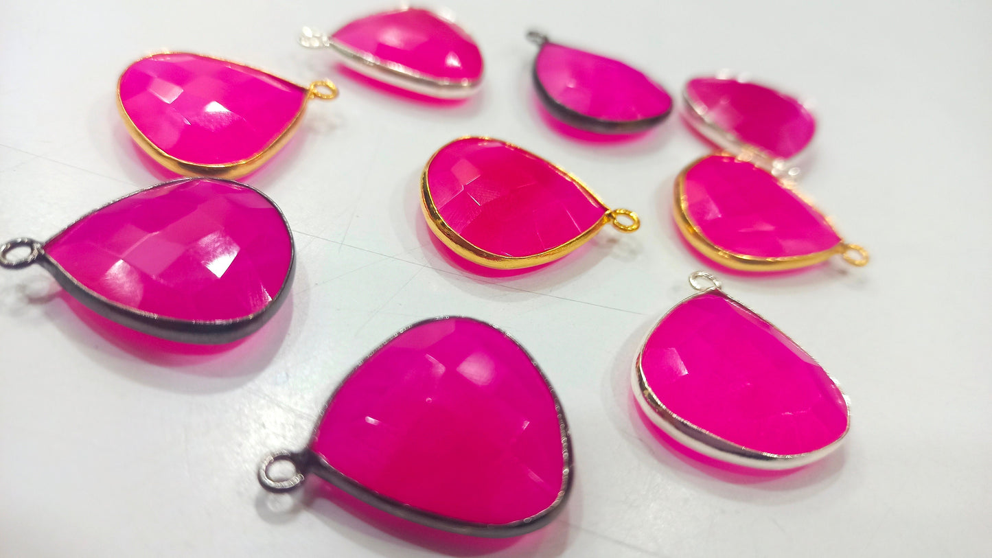 Natural Hot Pink Chalcedony  Heart Shape 20mm Briolette Single Loop Gemstone Bezel Connector Charms
