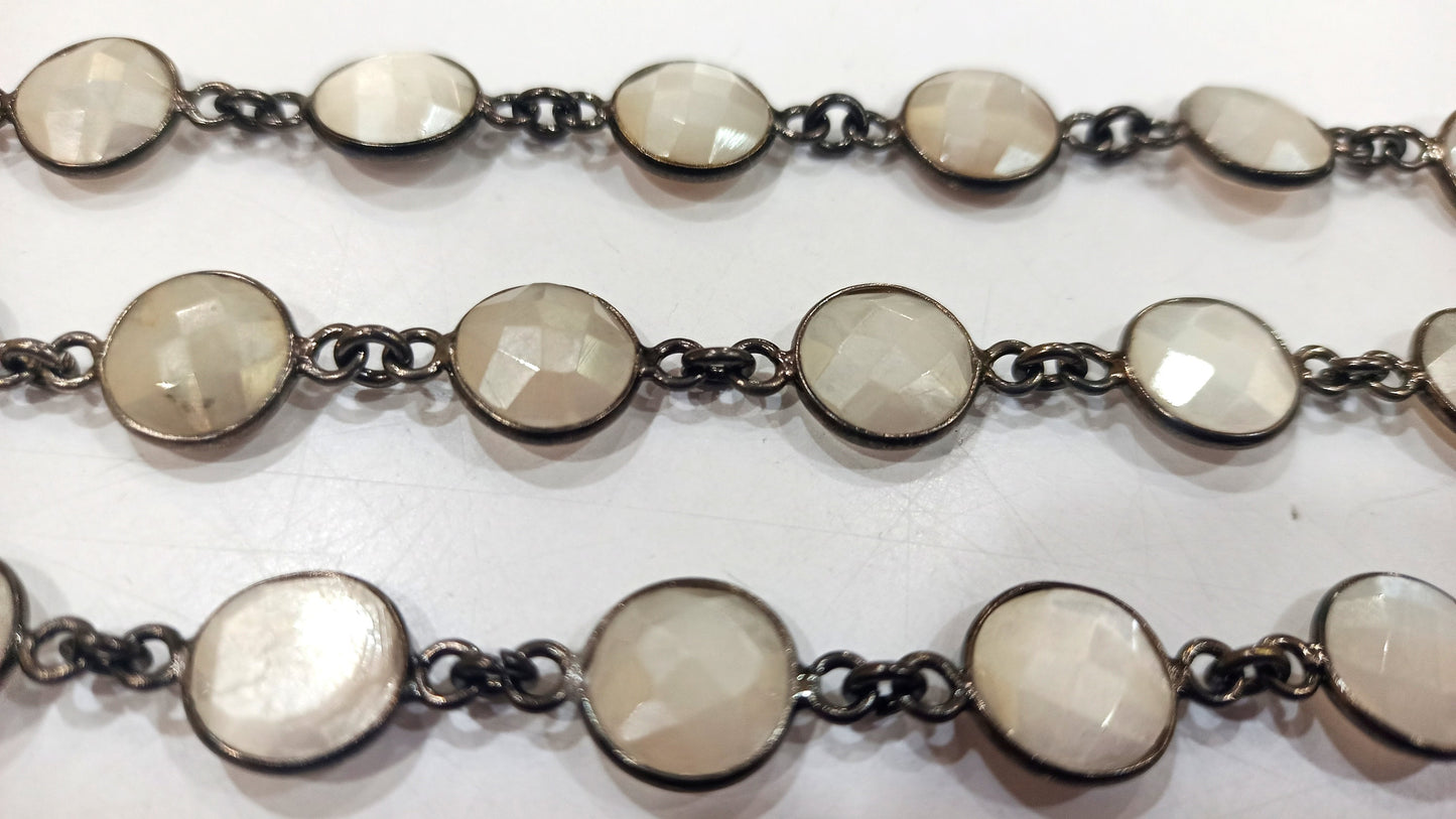 Natural White  Moonstone AB Coated Coin Shape Briolette 12mm Bezel Connector Chain Sold Per Foot