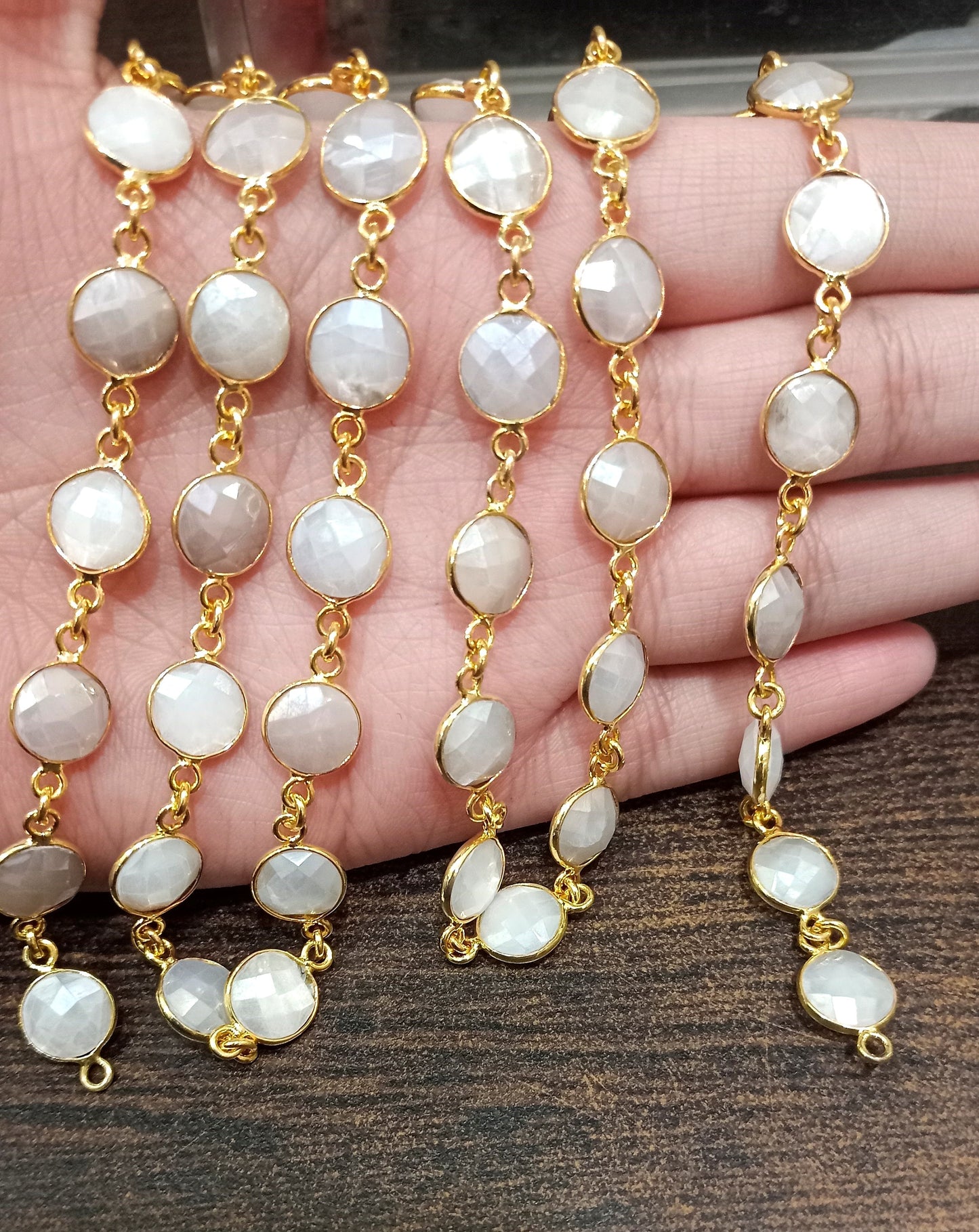 Natural White  Moonstone AB Coated Coin Shape Briolette 12mm Bezel Connector Chain Sold Per Foot
