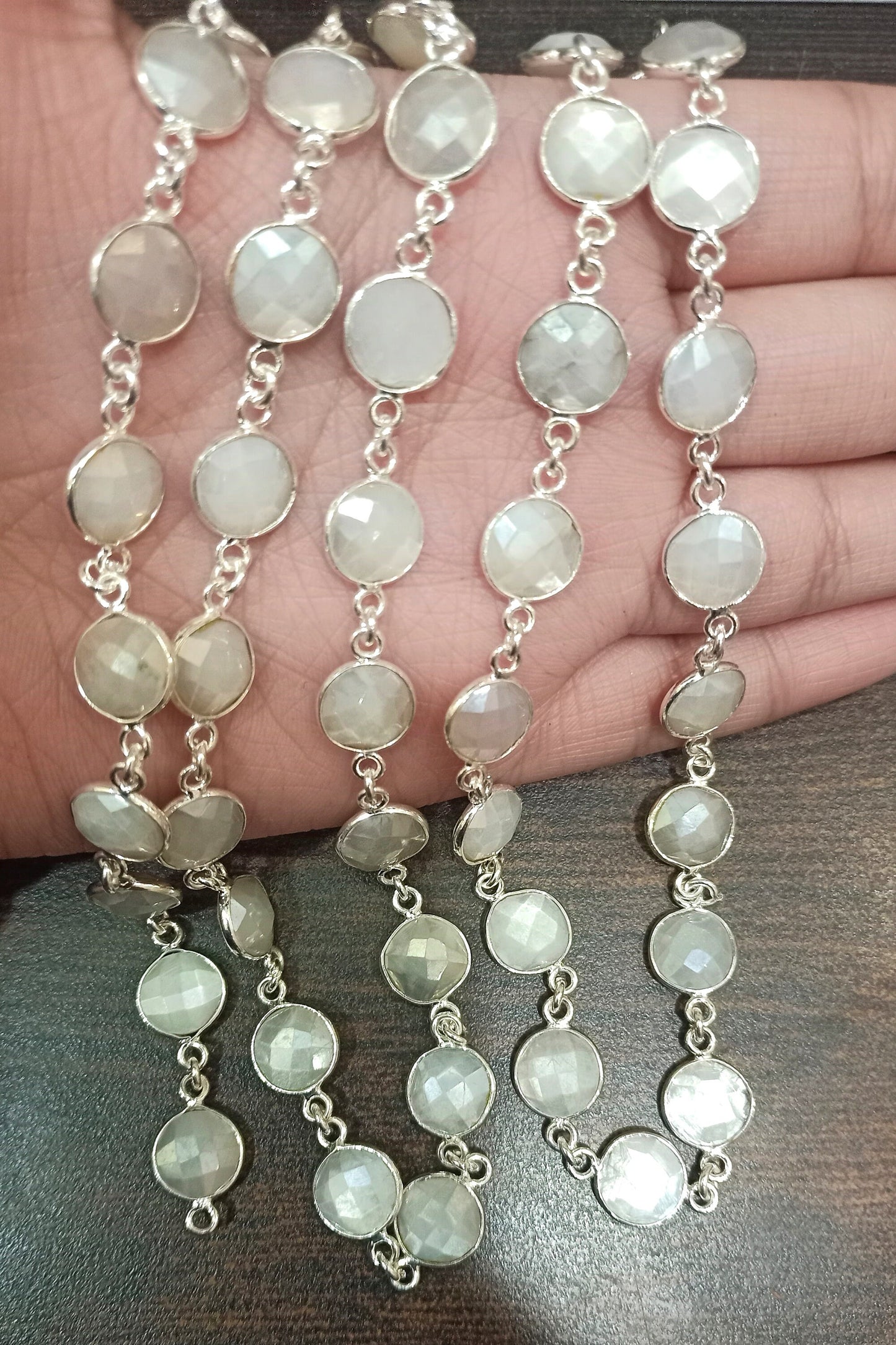 Natural White  Moonstone AB Coated Coin Shape Briolette 12mm Bezel Connector Chain Sold Per Foot