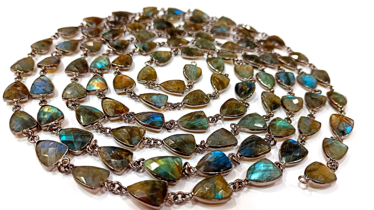 Natural Labradorite Trillion Shape Briolette Faceted Bezel Connector Chain 10x13mm Gold Plated Sold Per Foot High Quality Wholesale Prices
