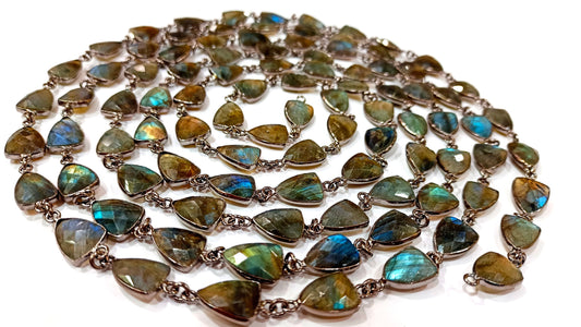 Natural Labradorite Trillion Shape Briolette Faceted Bezel Connector Chain 10x13mm Gold Plated Sold Per Foot High Quality Wholesale Prices