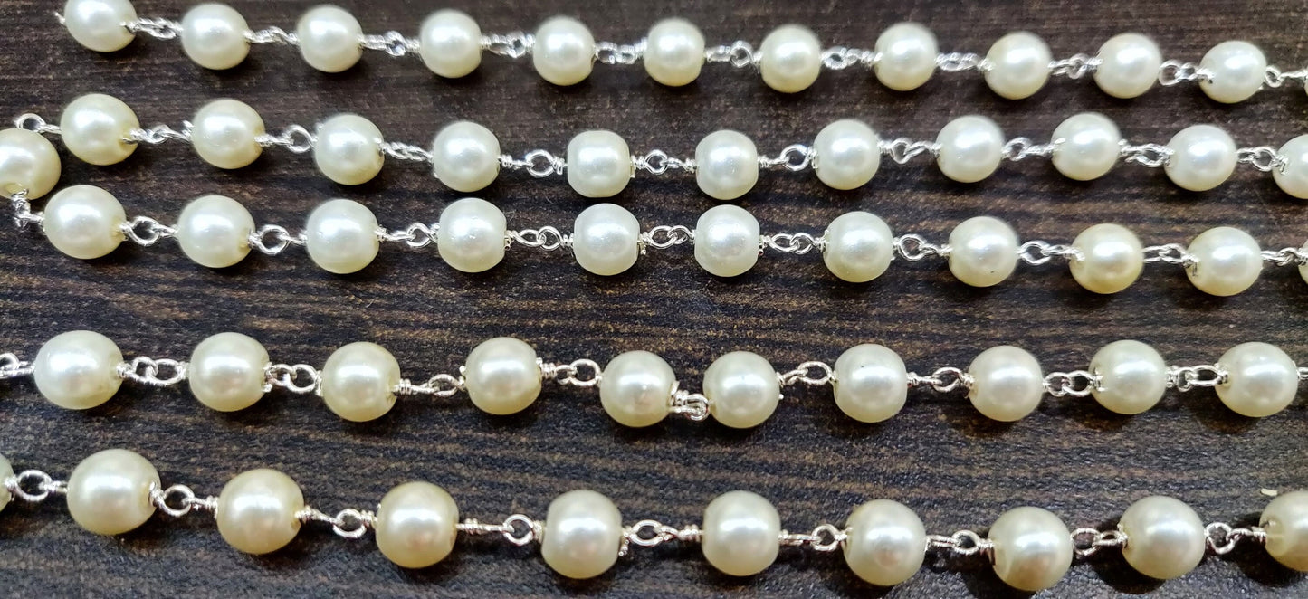 Faux Pearl 6mm Round Plain Smooth Beads Rosary Beaded Chain Gemstone Wholesale Prices Sold per foot