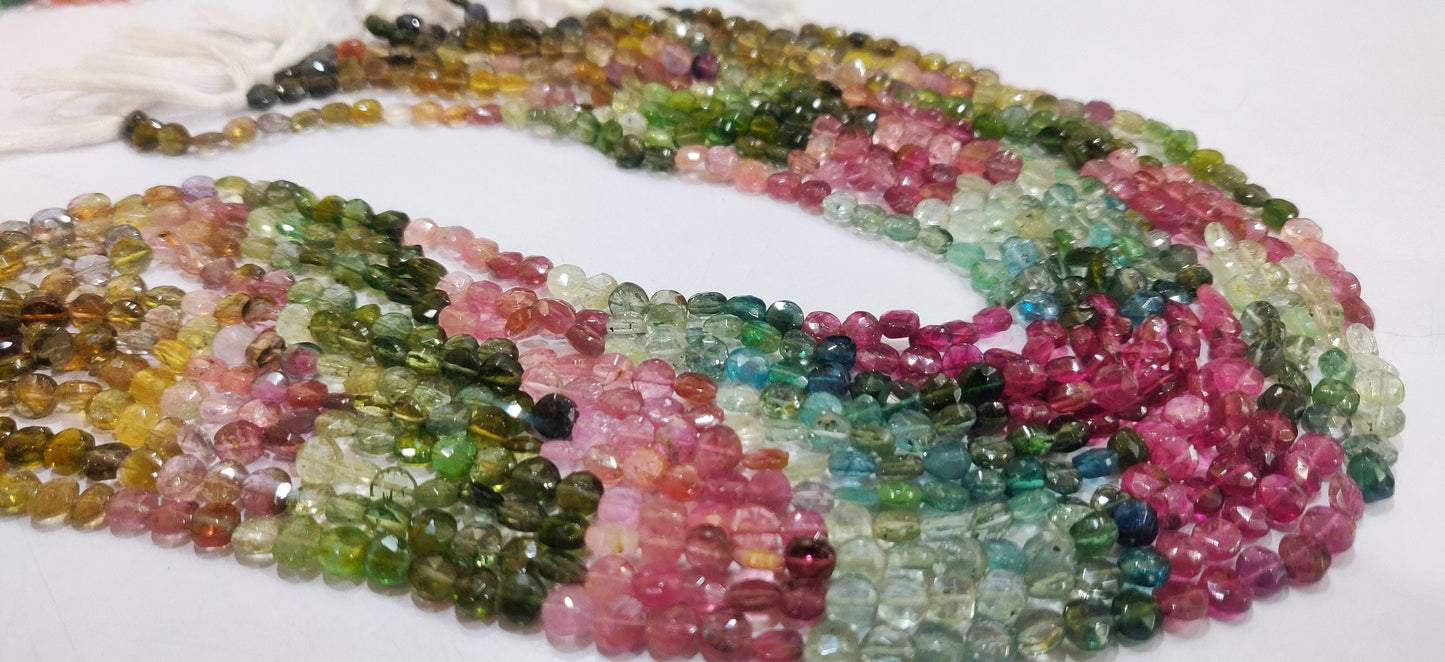 Natural Multi Tourmaline Coin Shape Faceted 5mm Beads Sold per Strand of 13 Inches Long Watermelon Tourmaline Beads Wholesale Price