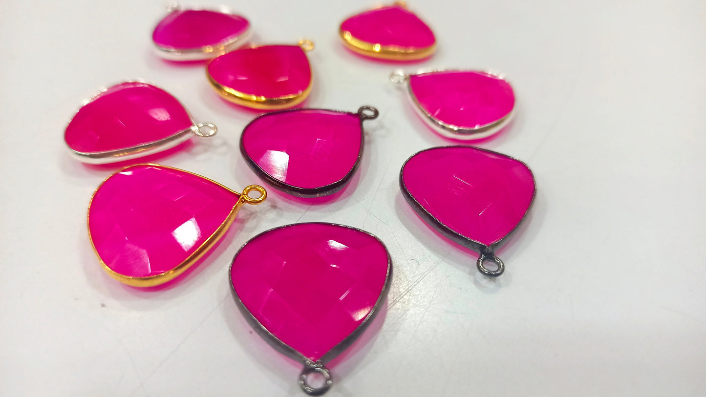 Natural Hot Pink Chalcedony  Heart Shape 20mm Briolette Single Loop Gemstone Bezel Connector Charms