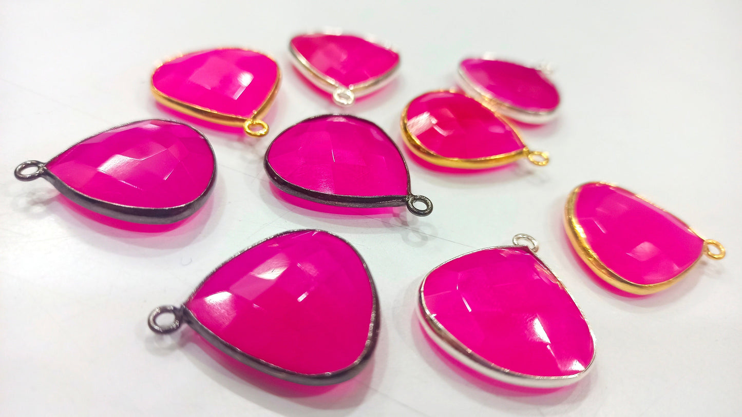 Natural Hot Pink Chalcedony  Heart Shape 20mm Briolette Single Loop Gemstone Bezel Connector Charms