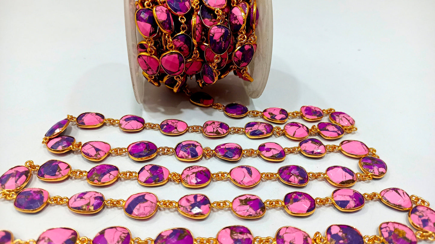 Natural Mohave Pink Calcite and Purple Copper Turquoise 12to15mm Free Shape Bezel Connector Chain Sold Per foot Great Quality Chain