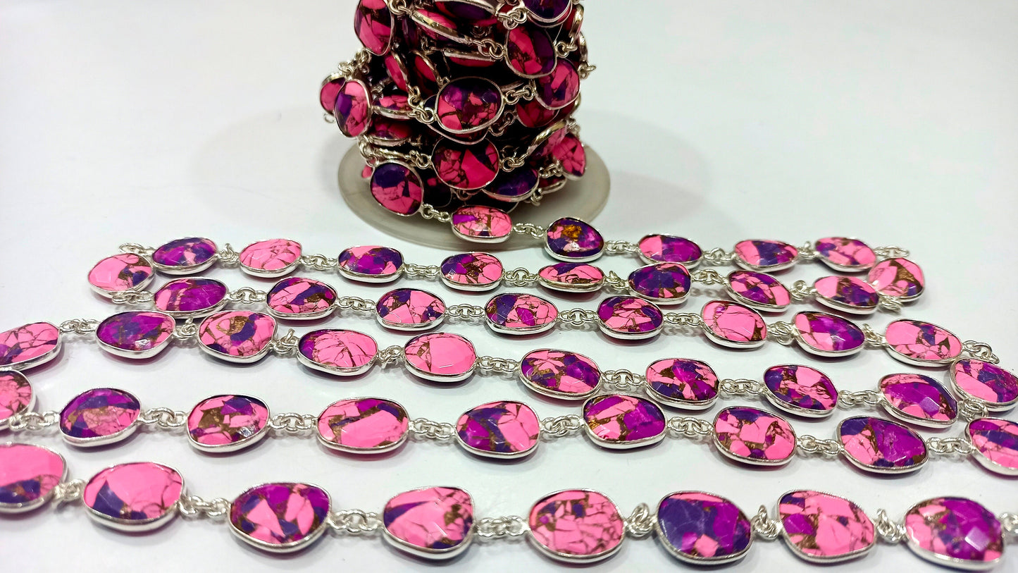 Natural Mohave Pink Calcite and Purple Copper Turquoise 12to15mm Free Shape Bezel Connector Chain Sold Per foot Great Quality Chain