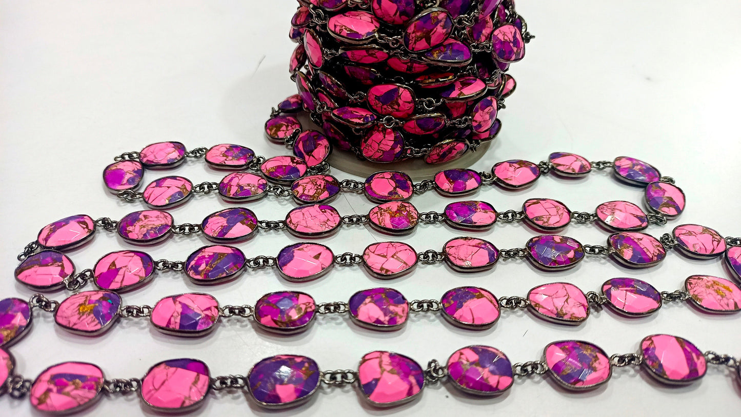 Natural Mohave Pink Calcite and Purple Copper Turquoise 12to15mm Free Shape Bezel Connector Chain Sold Per foot Great Quality Chain