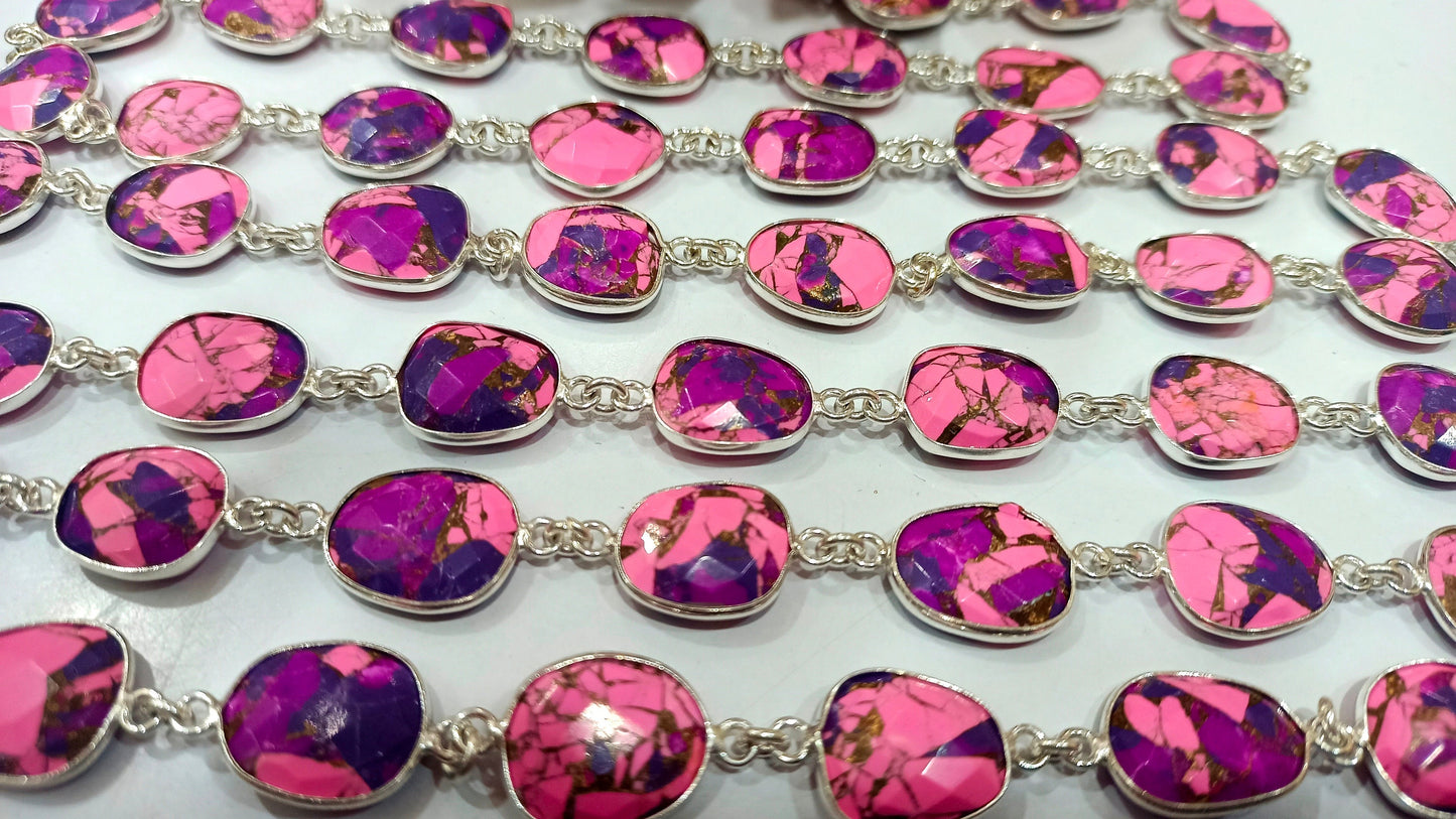 Natural Mohave Pink Calcite and Purple Copper Turquoise 12to15mm Free Shape Bezel Connector Chain Sold Per foot Great Quality Chain