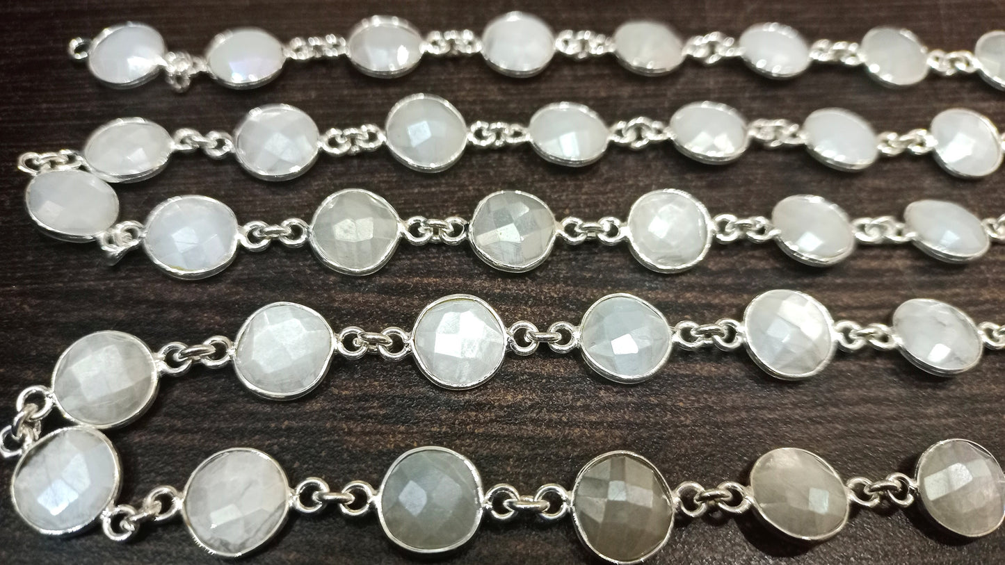 Natural White  Moonstone AB Coated Coin Shape Briolette 12mm Bezel Connector Chain Sold Per Foot
