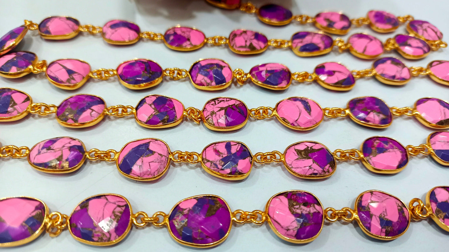 Natural Mohave Pink Calcite and Purple Copper Turquoise 12to15mm Free Shape Bezel Connector Chain Sold Per foot Great Quality Chain