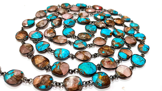 Natural Mohave Rose Quartz and  Blue Copper Turquoise 12to15mm Briolette  Bezel Connector Chain Sold Per foot