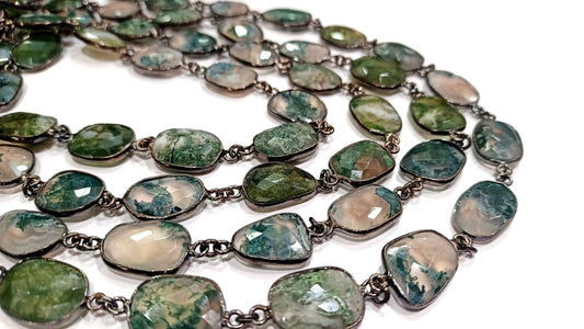 Moss Agate  Briolette Free Shape 12 to 15mm Bezel Connector Chain Sold Per Foot Best Quality Chain