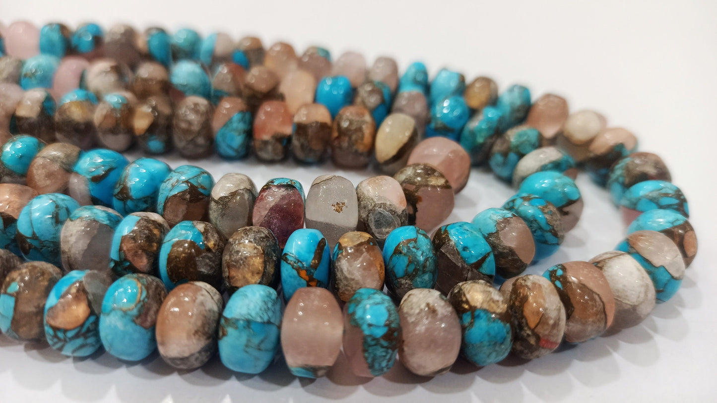 Natural Mohave Rose Quartz and  Blue Copper Turquoise Rondelle Plain Smooth 8mm Beads Sold Per Strand 8 inches Long beads