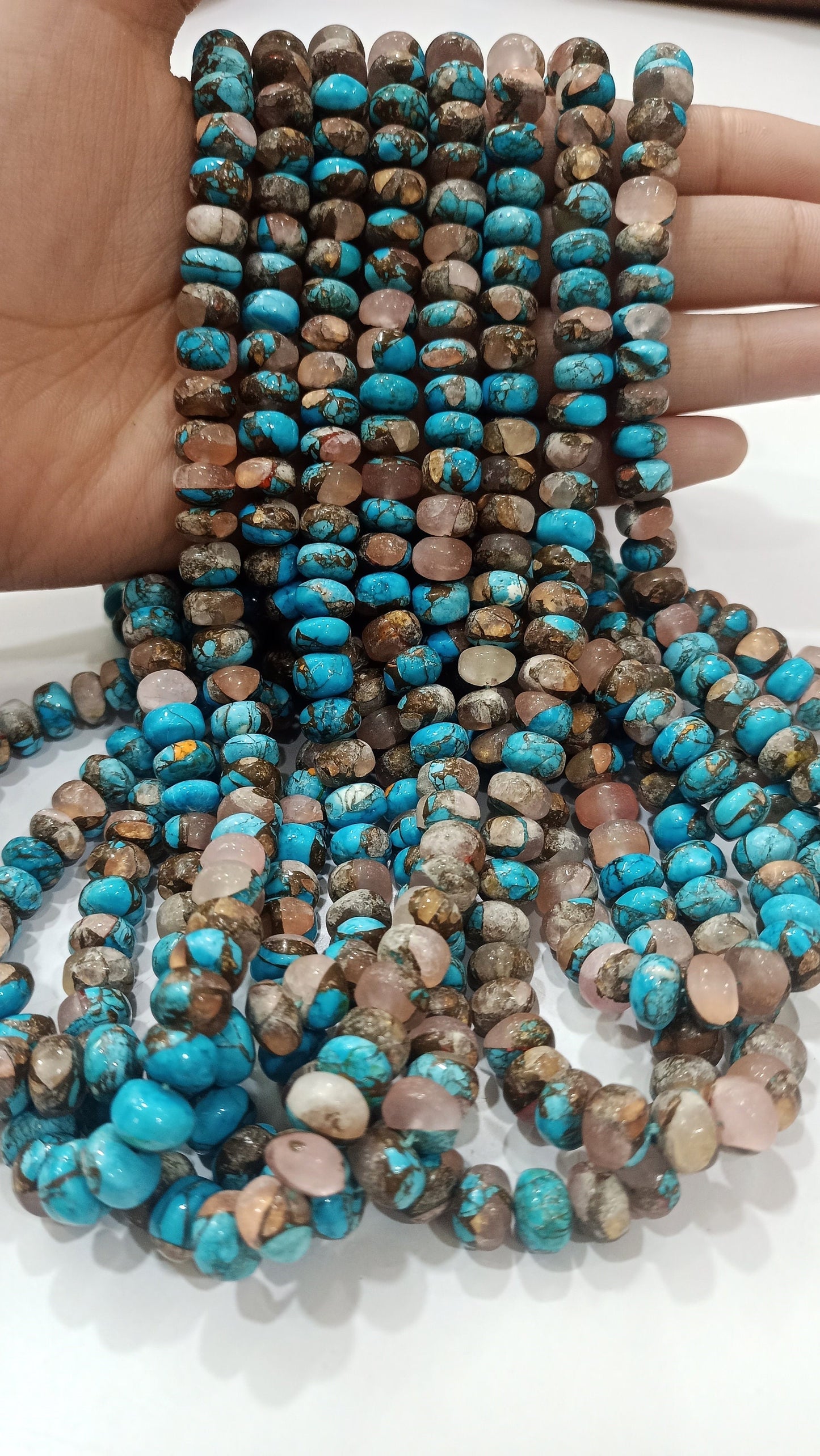 Natural Mohave Rose Quartz and  Blue Copper Turquoise Rondelle Plain Smooth 8mm Beads Sold Per Strand 8 inches Long beads