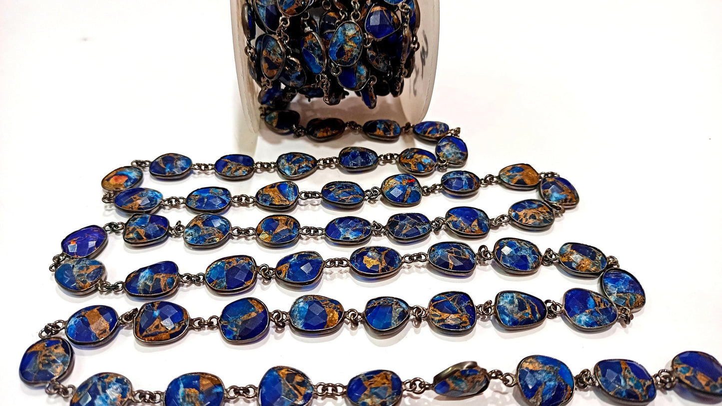 Natural Lapis Lazuli Copper Turquoise 12to15mm Free Shape Bezel Connector Chain Sold Per foot Great Quality Chain