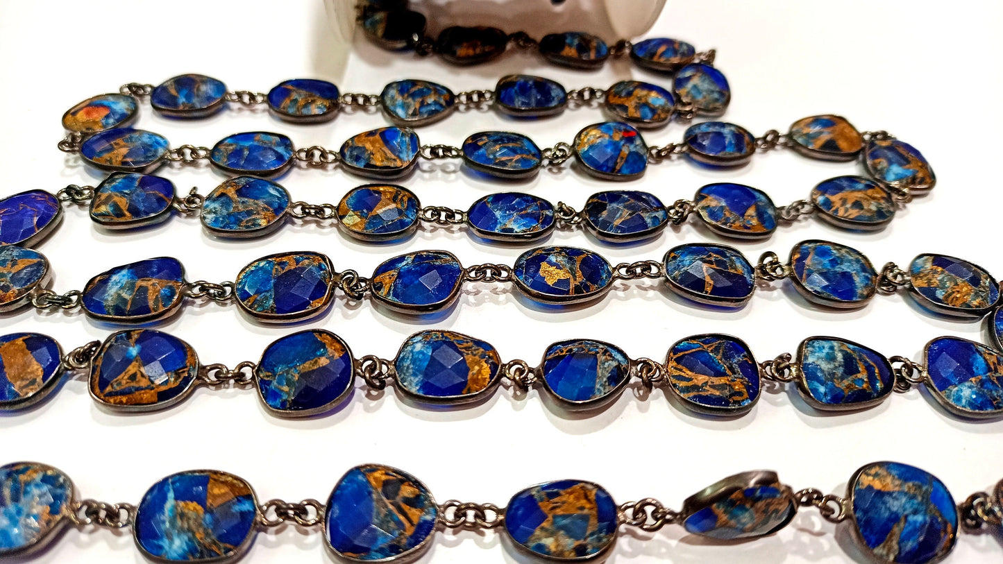 Natural Lapis Lazuli Copper Turquoise 12to15mm Free Shape Bezel Connector Chain Sold Per foot Great Quality Chain