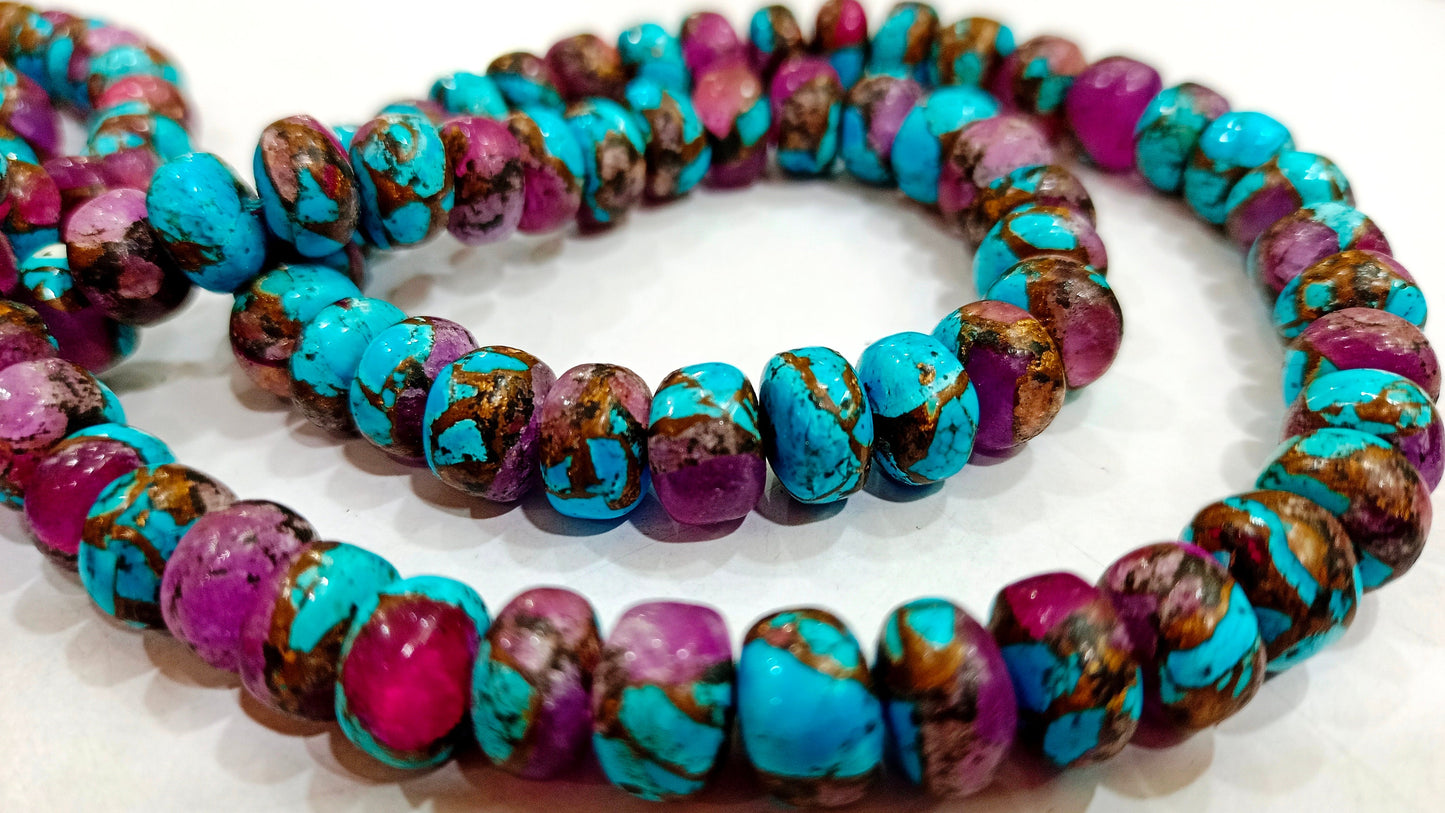 Natural Purple Blue Copper Turquoise Rondelle Plain Smooth 8mm Gemstone Beads Sold Per Strand 8 Inches Long