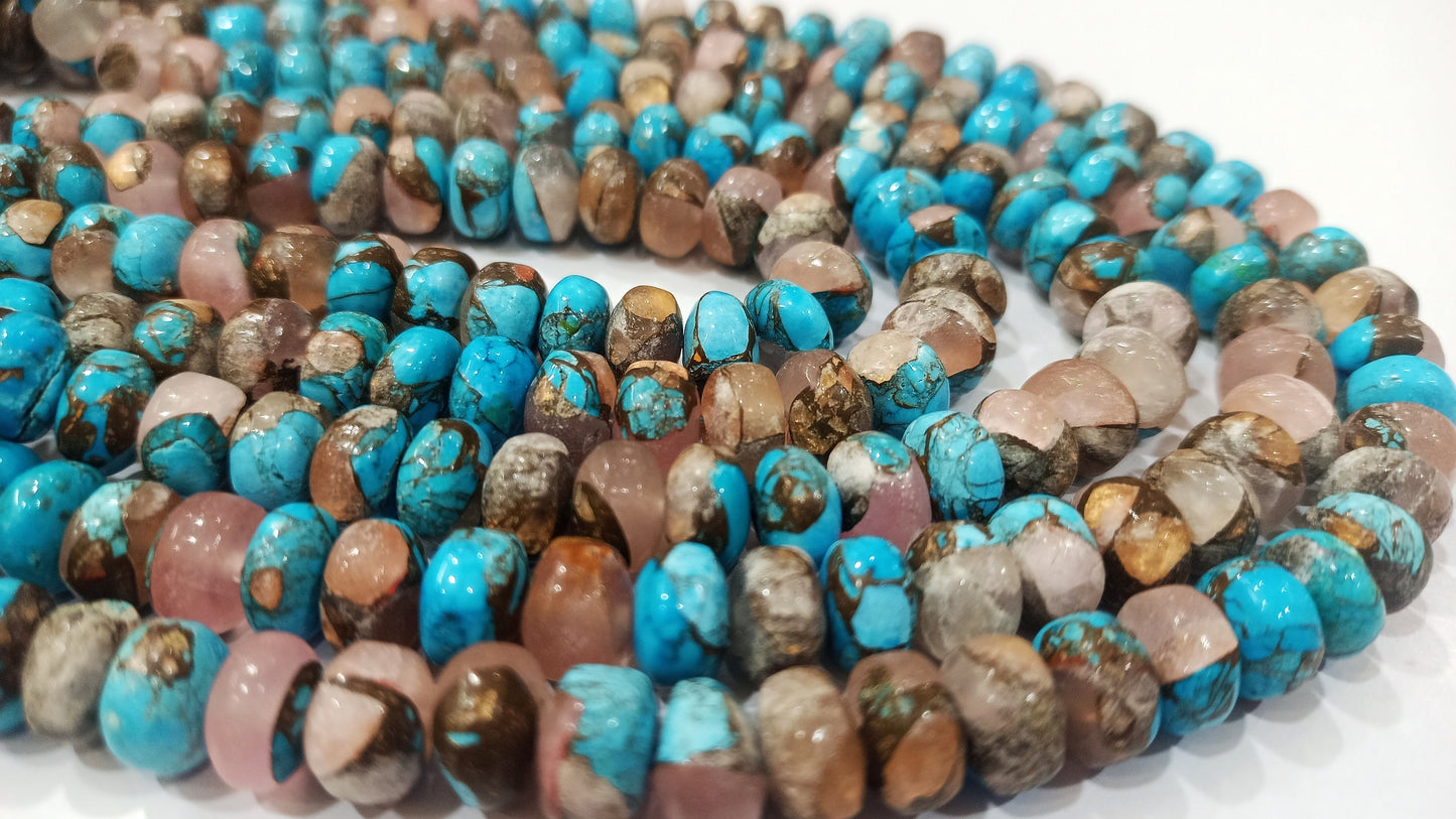 Natural Mohave Rose Quartz and  Blue Copper Turquoise Rondelle Plain Smooth 8mm Beads Sold Per Strand 8 inches Long beads
