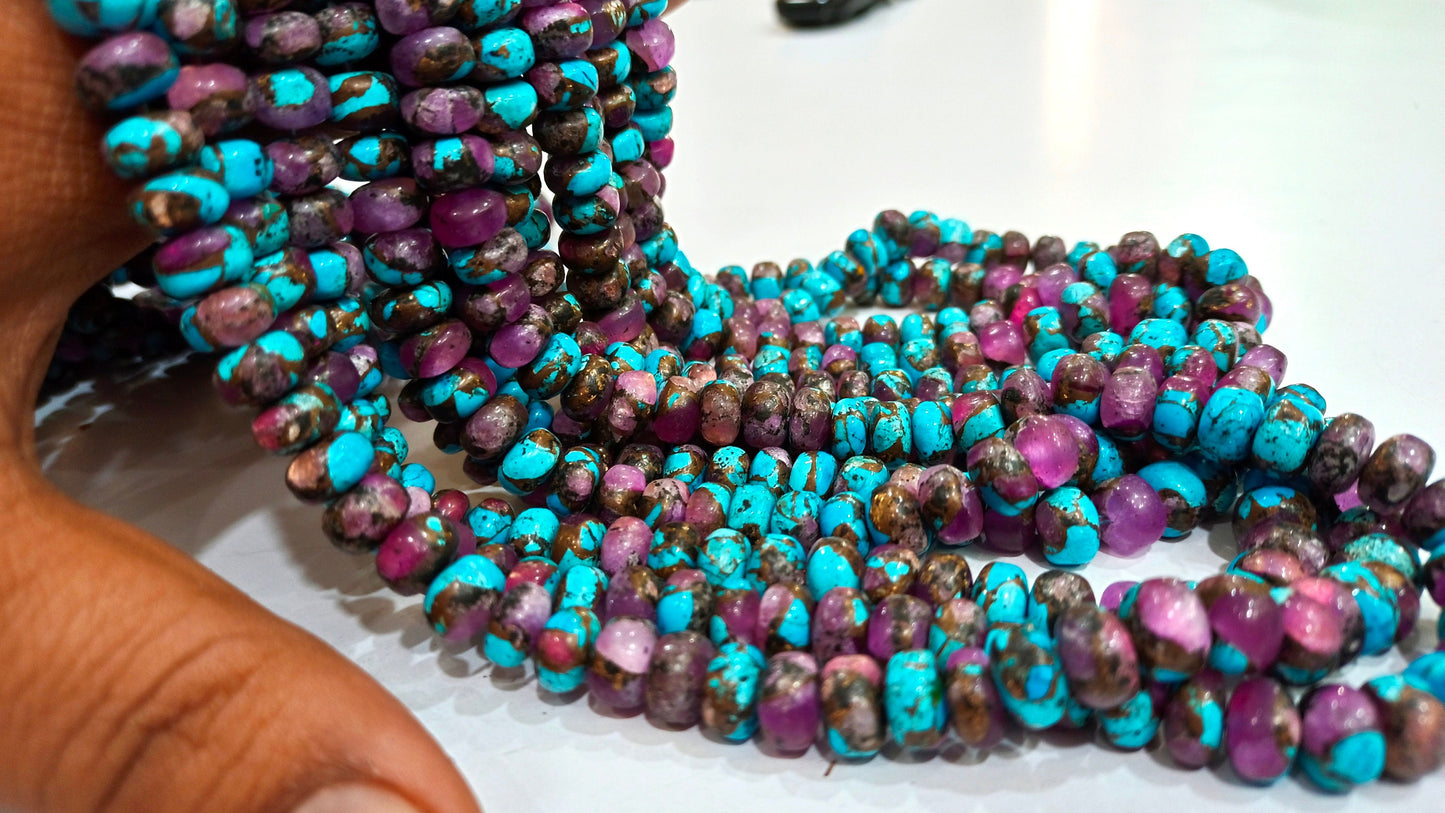 Natural Purple Blue Copper Turquoise Rondelle Plain Smooth 8mm Gemstone Beads Sold Per Strand 8 Inches Long