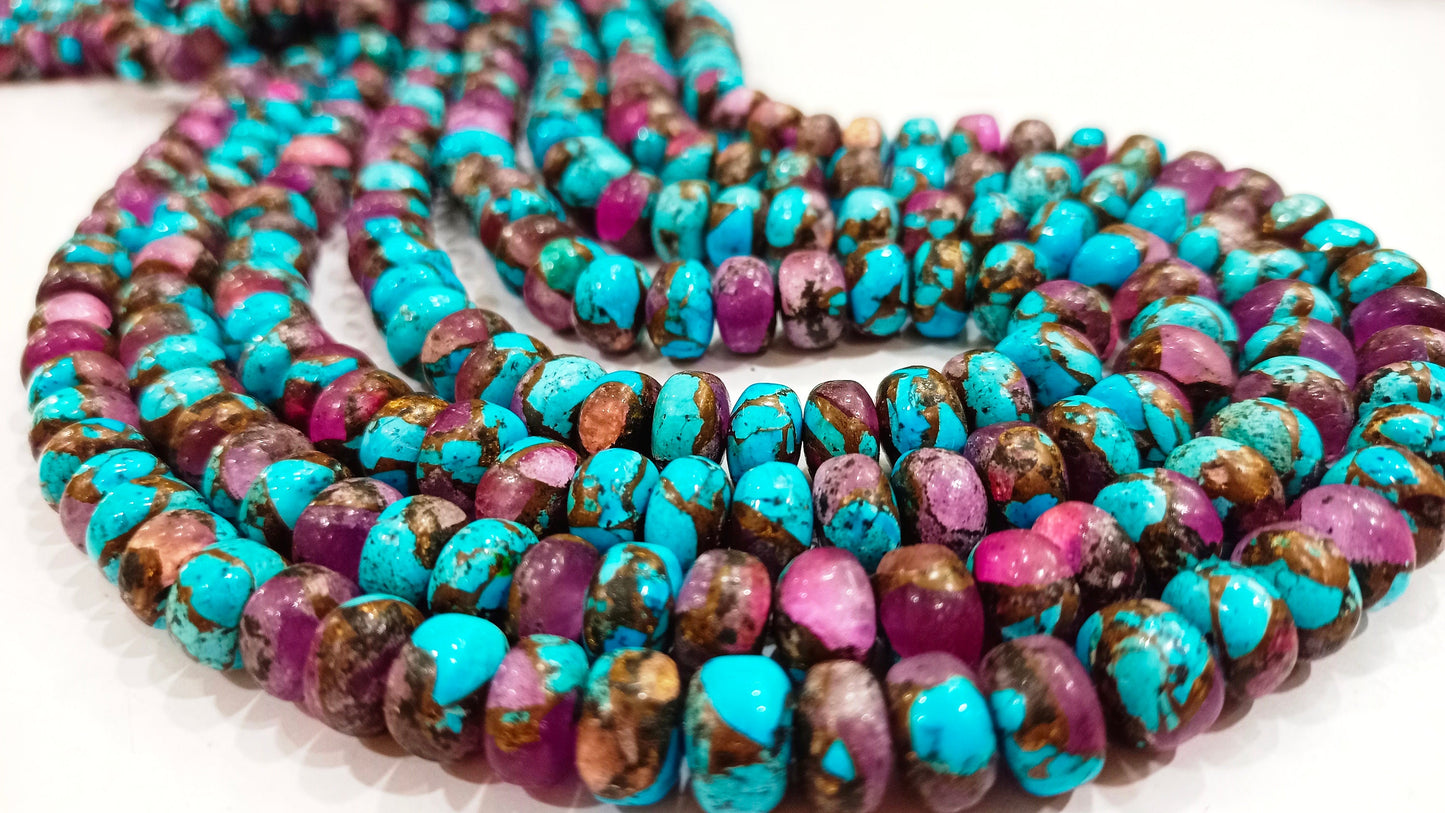 Natural Purple Blue Copper Turquoise Rondelle Plain Smooth 8mm Gemstone Beads Sold Per Strand 8 Inches Long