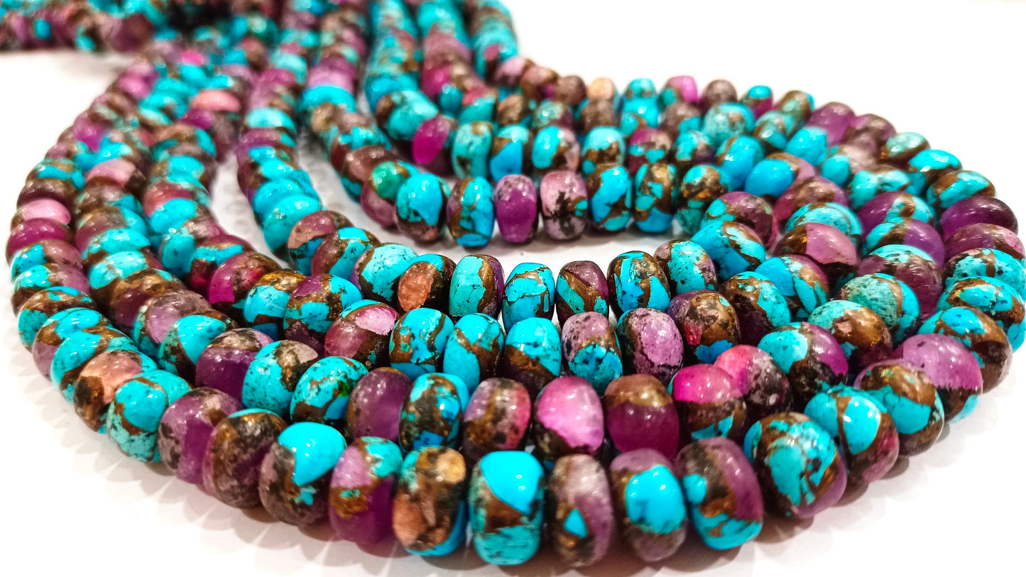 Natural Purple Blue Copper Turquoise Rondelle Plain Smooth 8mm Gemstone Beads Sold Per Strand 8 Inches Long