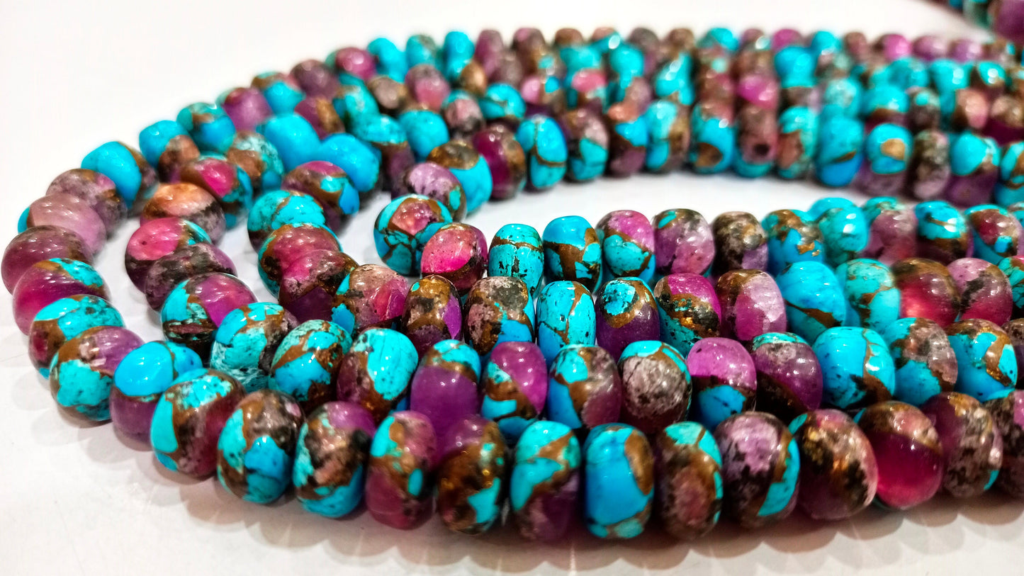 Natural Purple Blue Copper Turquoise Rondelle Plain Smooth 8mm Gemstone Beads Sold Per Strand 8 Inches Long