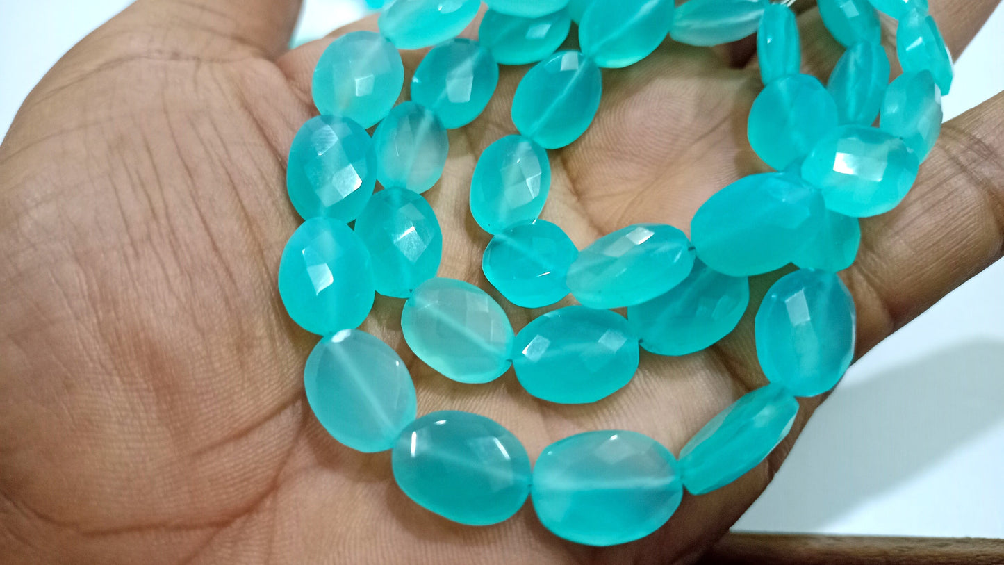 Natural Aqua Chalcedony Oval Faceted Size 9x12 to 10x14 mm strand 8 inches Long Great Quality Gemstone Beads