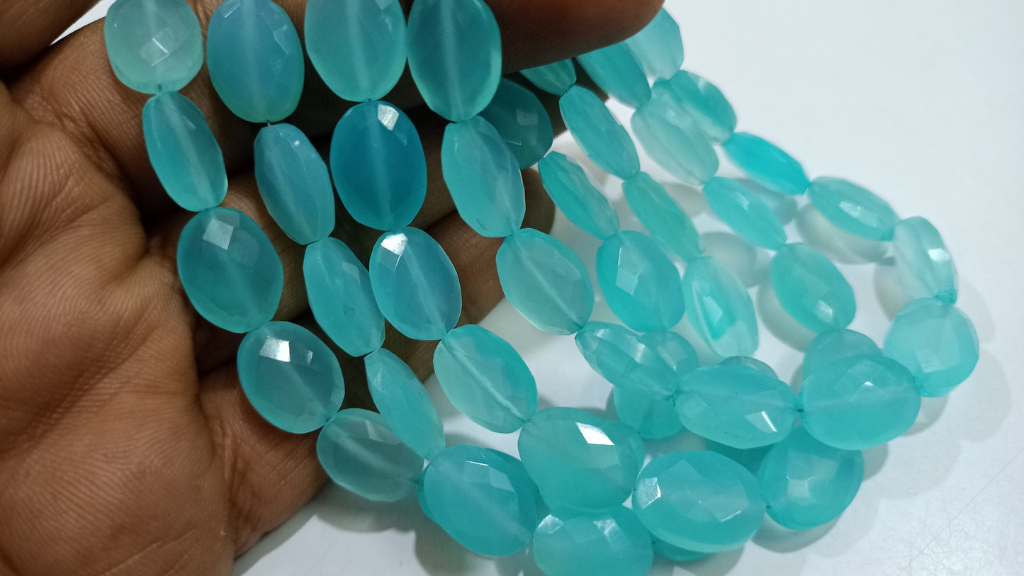 Natural Aqua Chalcedony Oval Faceted Size 9x12 to 10x14 mm strand 8 inches Long Great Quality Gemstone Beads