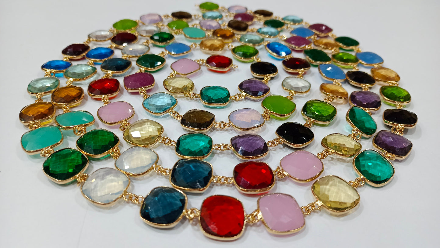 Natural Multi Gemstone Cushion Shape  Briolette 15mm Bezel Connector Chain Sold Per Foot Great Quality