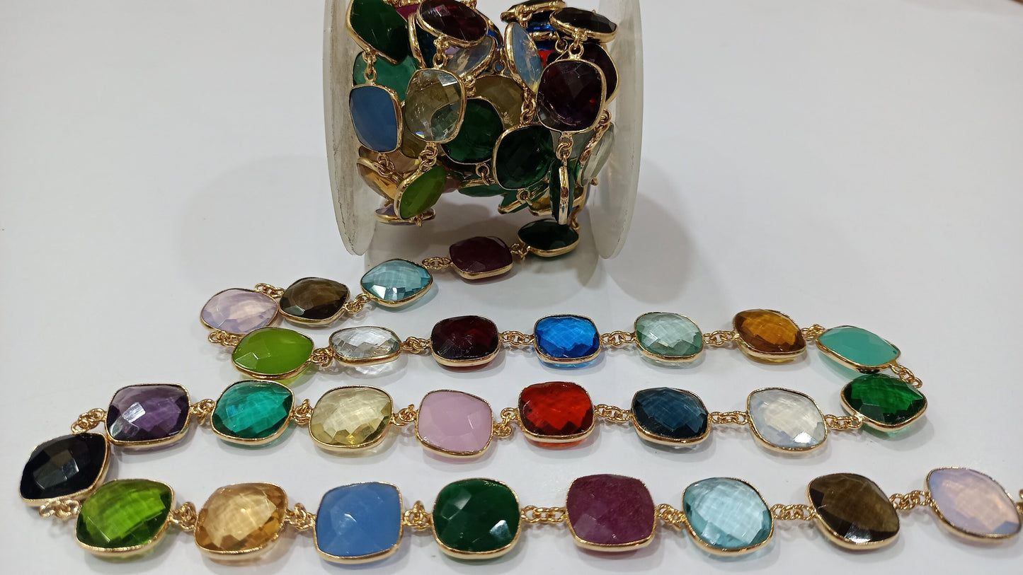 Natural Multi Gemstone Cushion Shape  Briolette 15mm Bezel Connector Chain Sold Per Foot Great Quality