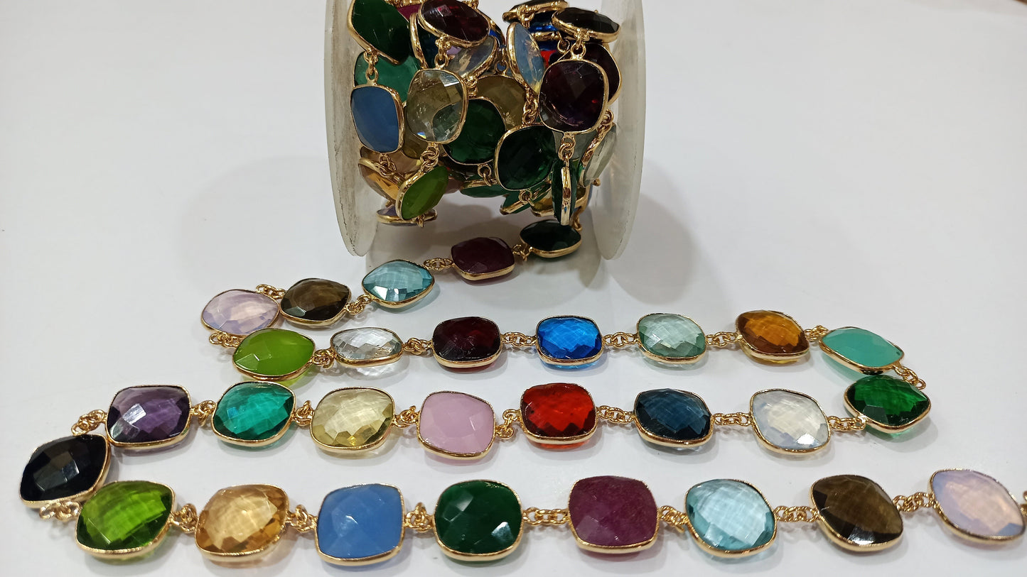 Natural Multi Gemstone Cushion Shape  Briolette 15mm Bezel Connector Chain Sold Per Foot Great Quality