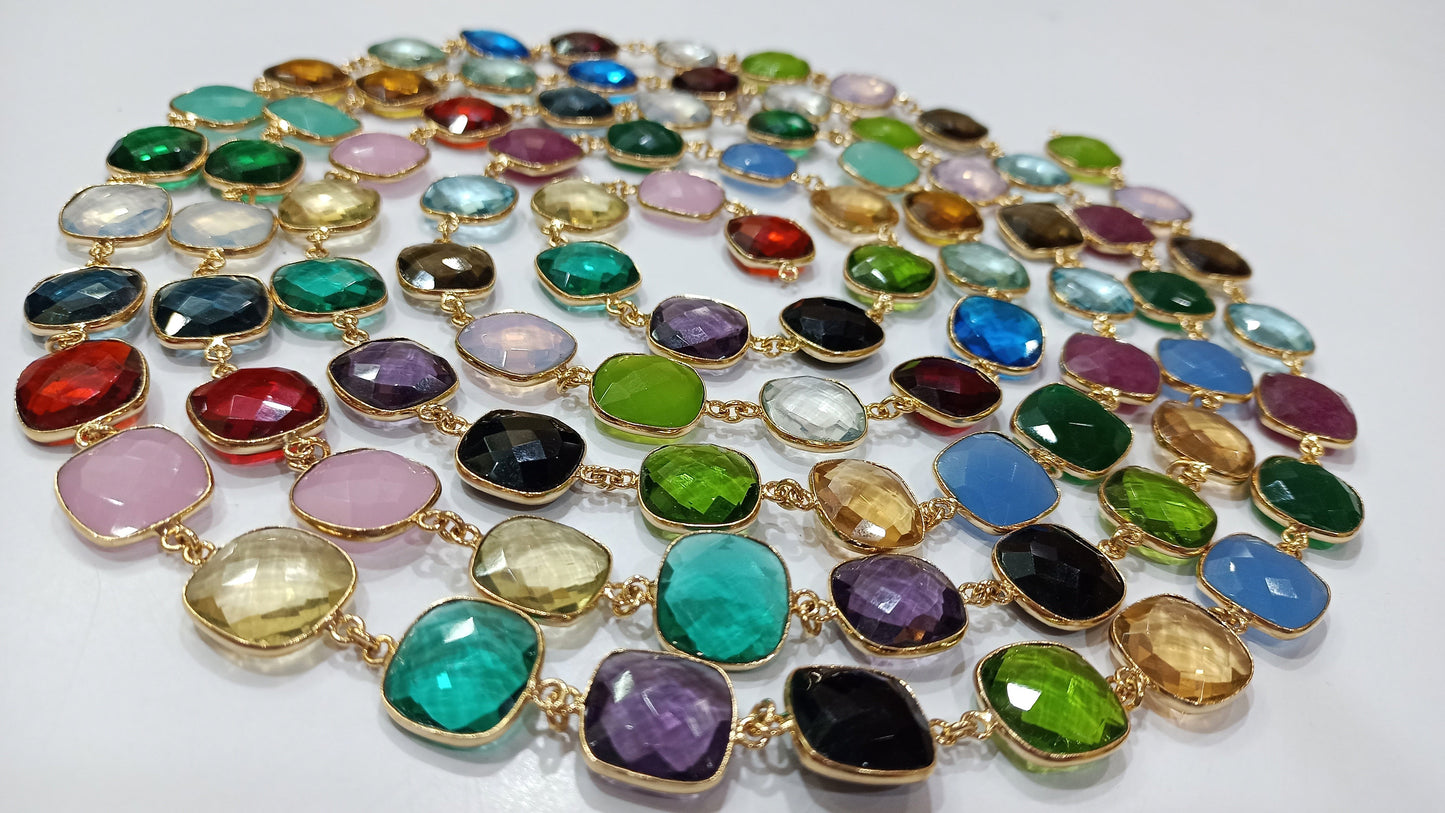 Natural Multi Gemstone Cushion Shape  Briolette 15mm Bezel Connector Chain Sold Per Foot Great Quality