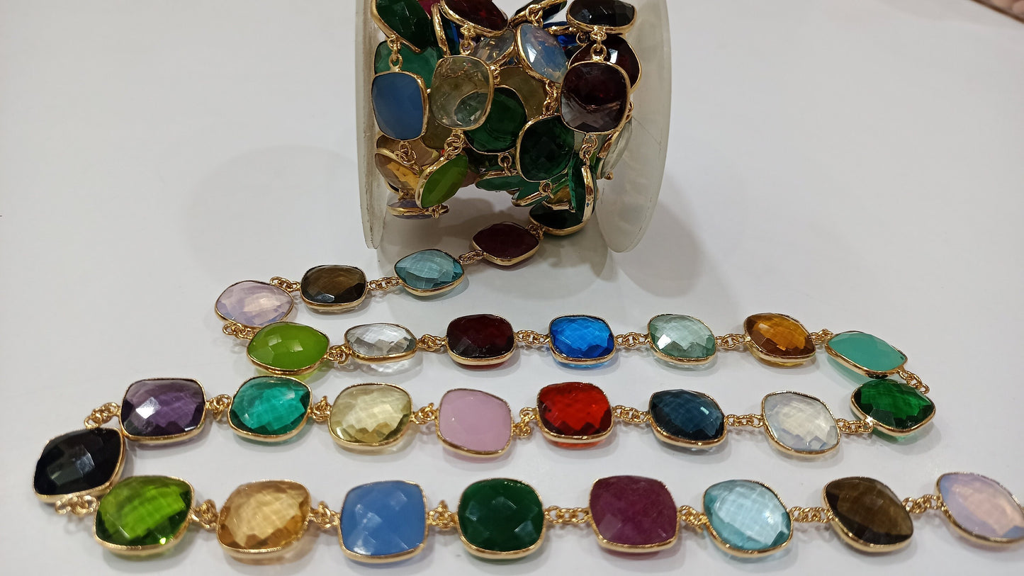 Natural Multi Gemstone Cushion Shape  Briolette 15mm Bezel Connector Chain Sold Per Foot Great Quality