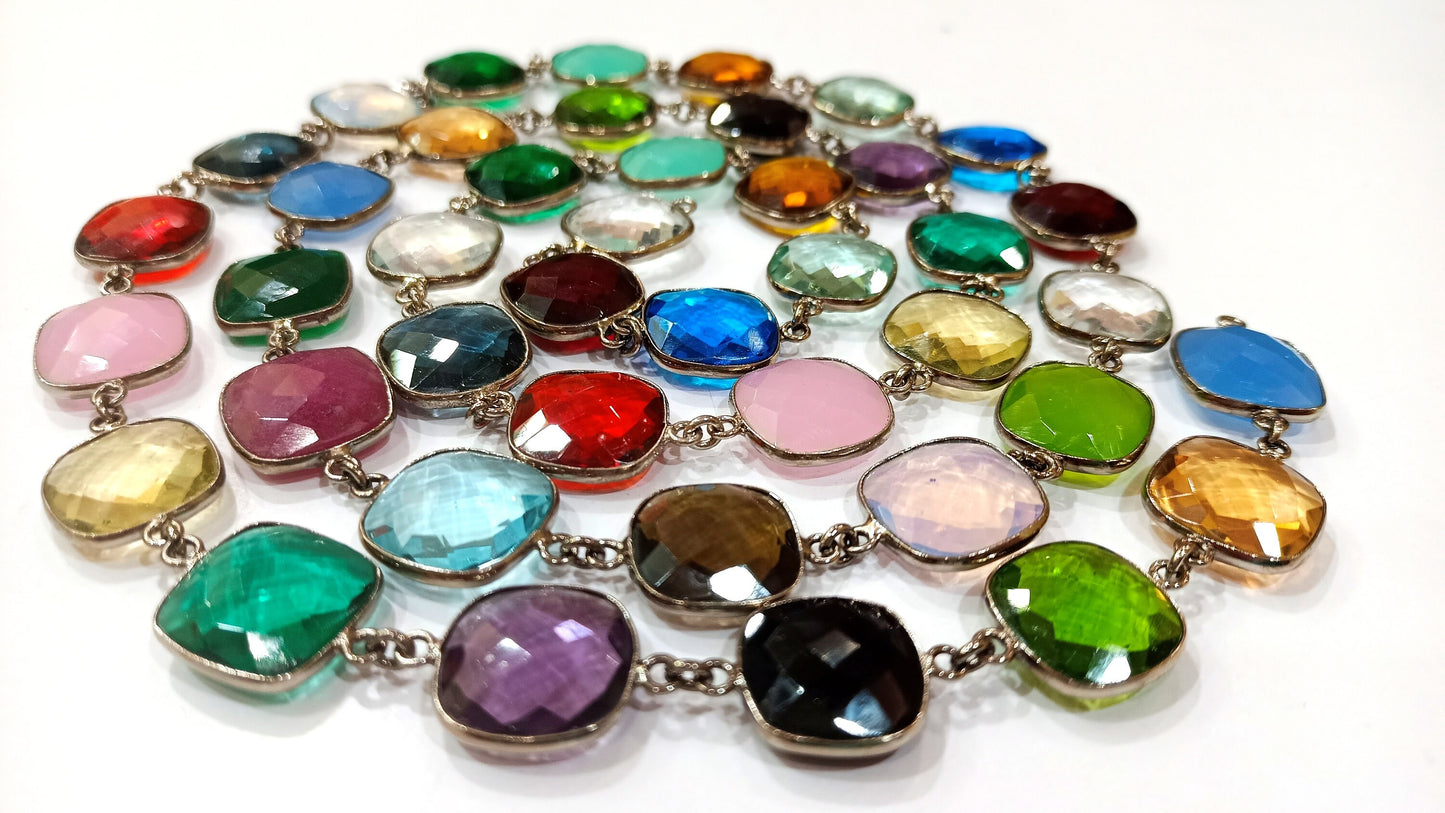 Natural Multi Gemstone Cushion Shape  Briolette 15mm Bezel Connector Chain Sold Per Foot Great Quality