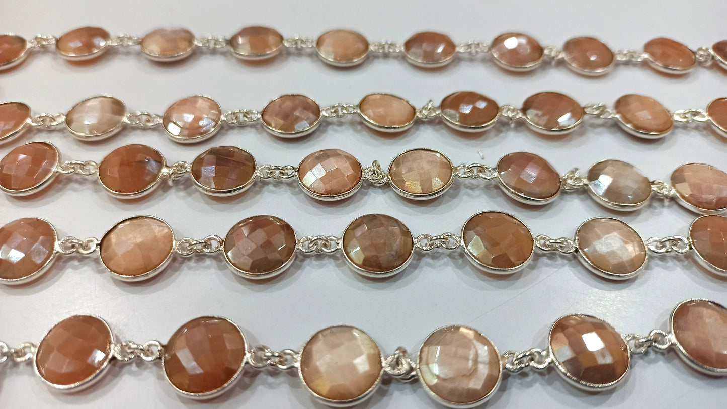 Natural Peach Moonstone Coin Shape Briolette Mystic Coated 12mm Bezel Connector Chain Sold Per Foot