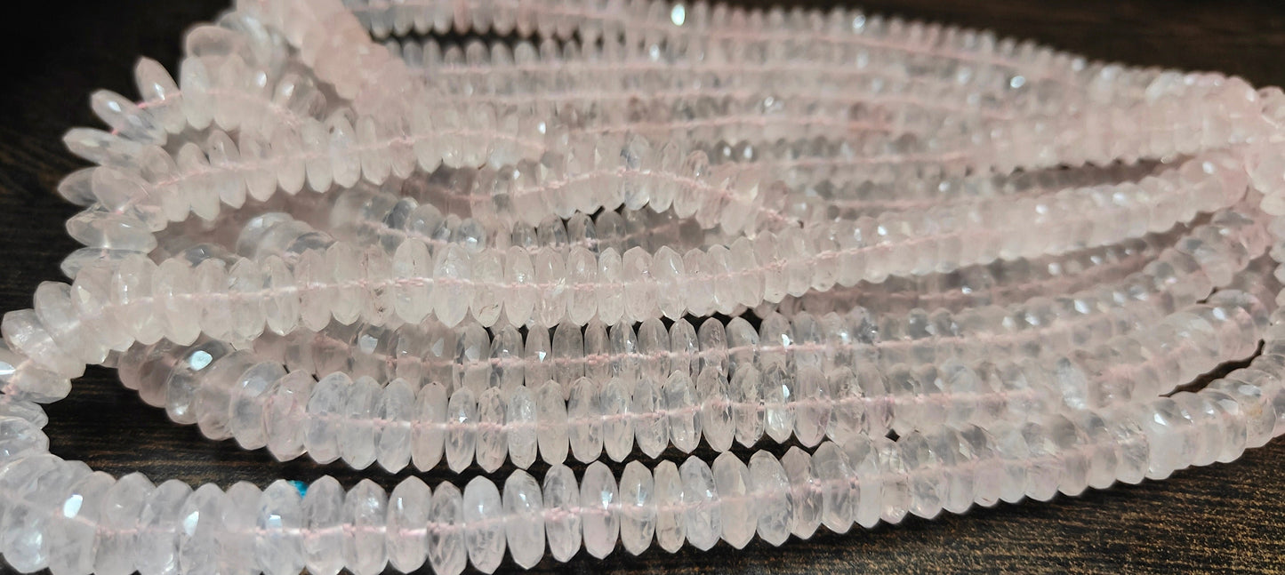 Natural Rose Quartz  Faceted Gemstone Beads German Cut Rondelle Shape Beads 9-12 mm Strand 8 inches long Graduated Beads