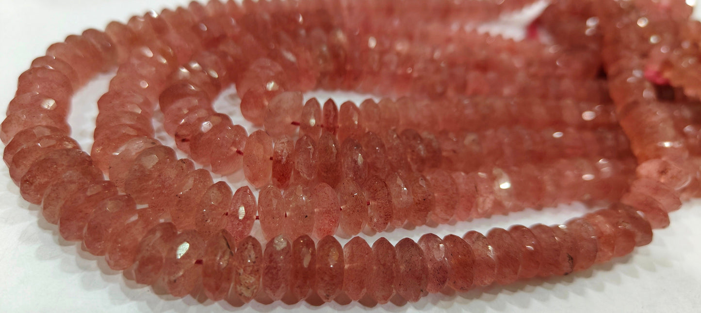 Natural Strawberry Quartz  Faceted Gemstone Beads German Cut Rondelle Shape Beads 9-12 mm Strand 8 inches long Graduated Beads