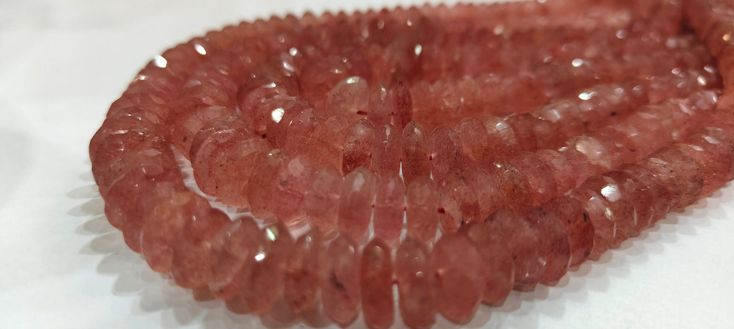 Natural Strawberry Quartz  Faceted Gemstone Beads German Cut Rondelle Shape Beads 9-12 mm Strand 8 inches long Graduated Beads