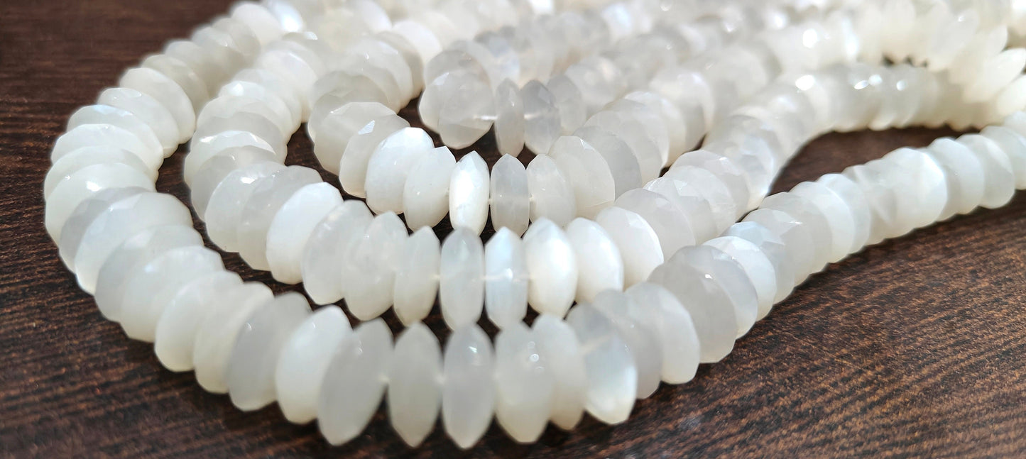 Natural White Moonstone  Faceted Gemstone Beads German Cut Rondelle Shape Beads 9-12 mm Strand 8 inches long Graduated Beads